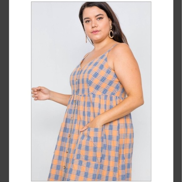 Gilli Orange & Blue Plaid Sleeveless V-neck Midi Dress w/Pockets NEW - Picture 2 of 8